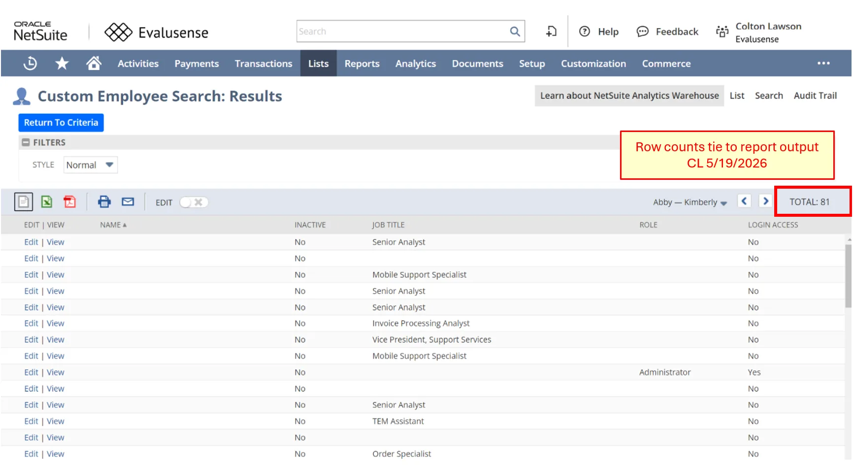 The source system (NetSuite) reports a total population of 81 records, annotated to show the row count that the export must tie back to.