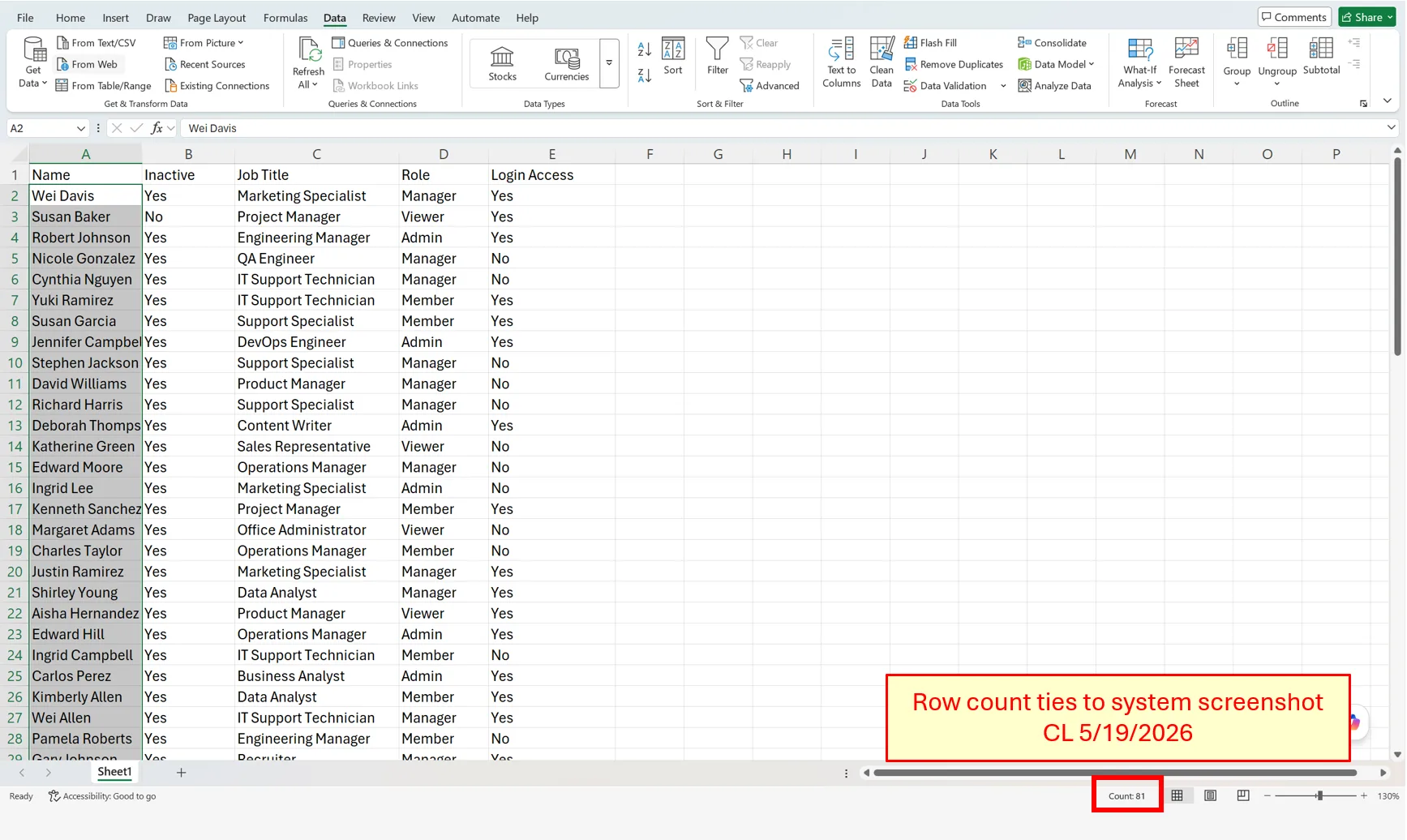 The exported Excel workbook, where the row count is confirmed to tie back to the 81-record system total.